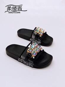 roulvxiang 新款黑色、棕色、杏色鞋子，饰有心形、星星、波点和金属扣，休闲拖鞋，适合室内、室外、沙滩、水上活动，平底凉鞋，点缀水钻亮片，女士春夏装扮 - 黑色亮片 - 查看 1
