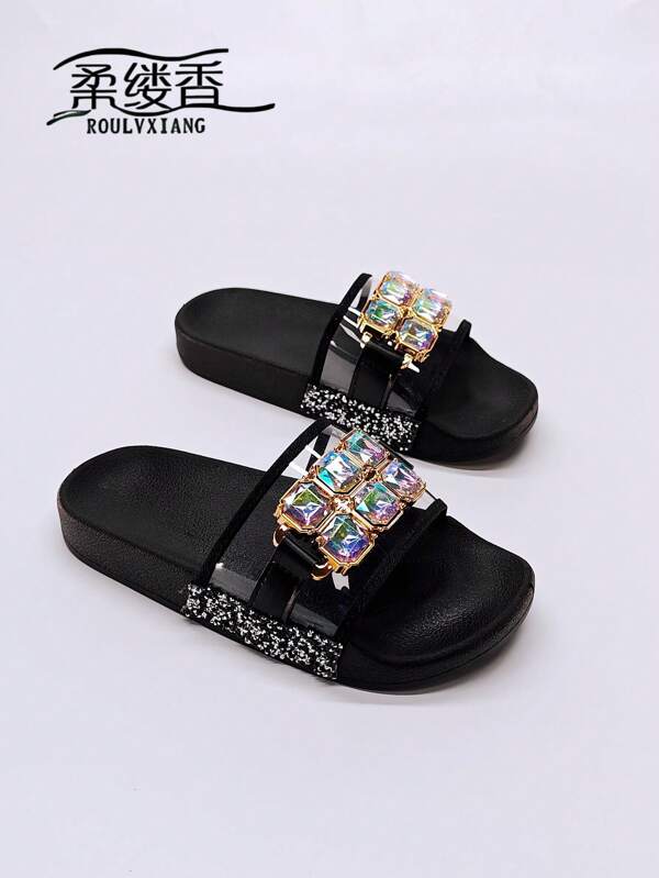 roulvxiang New Black, Brown, Apricot Color Shoes With Heart, Star, Polka Dot, Metal Buckle Decor, Casual Slippers For Indoor, Outdoor, Beach, Water, Flat Sandals With Rhinestone Sequin Details, Women