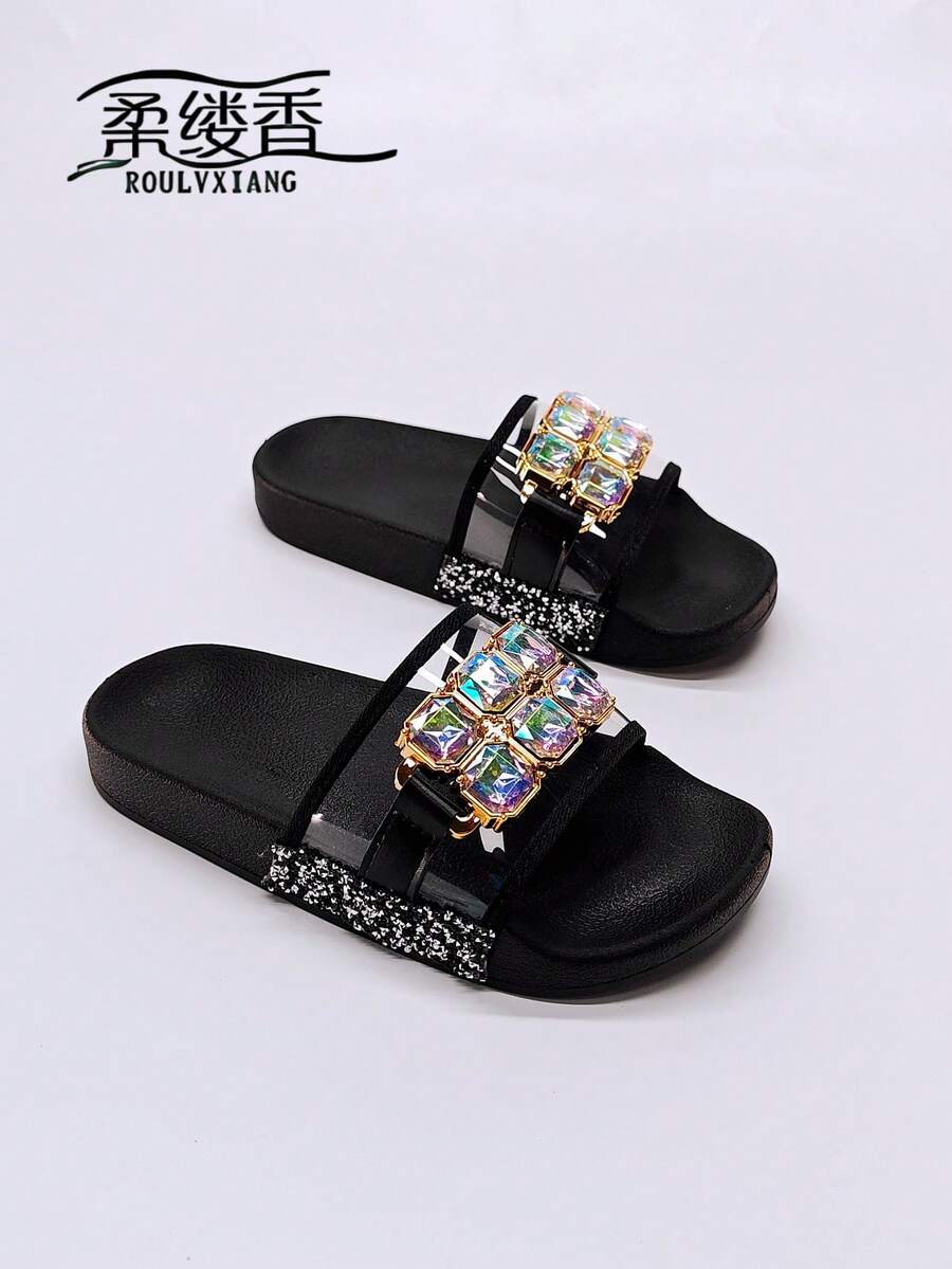 roulvxiang 新款黑色、棕色、杏色鞋子，饰有心形、星星、波点和金属扣，休闲拖鞋，适合室内、室外、沙滩、水上活动，平底凉鞋，点缀水钻亮片，女士春夏装扮 - 黑色亮片 - 查看 1