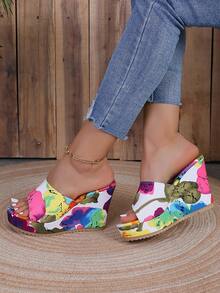 Women's Fashion Random Printed Pattern Round Toe Anti-Slip Thick Sole Wedge Sandals - Multicolor - View 5