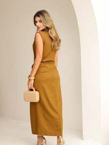 Linen Long Skirt Set With Blouse, Tailored Cutout Skirt With Back Lining And Worked/Structured Hem, Functional Zipper And Button, Blouse With Collar And Sleeves That Match, Metal Button On The Back, Linen Fabric With A Cotton Touch, Size P 38 M 40 G 42 GG 44 - Màu cà ri - Xem 5