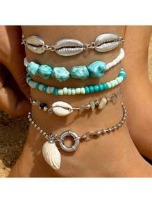 2-6pcs/Set Bohemian Style Starfish & Beaded Braided Anklet For Girls, Ocean Theme, Beach, Seashell,Summer Jewelry,Gold Jewelry Women