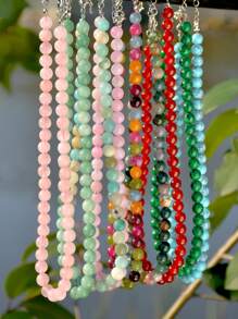 Bohemian Style Natural Stone Necklace, Elegant & Delicate 8mm Colorful Beryl & Rose Quartz Choker, Natural Healing Crystal Jewelry To Soothe Emotions And Balance Energy (Natural Stone Color Random)