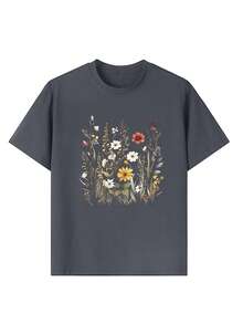 1pc Girls Casual Printed Loose Fit Crew Neck Short Sleeve T-Shirt, Artsy Tee For Student Summer, Inspiring Creativity And Self-Expression - Dark Grey - View 3