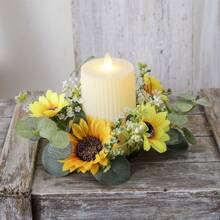 1pc Home Decor Small Wreath, Spring Sunflower & Eucalyptus Candle Holder Wreath, Wedding Party Festival Decoration Mini Ornament, Table Centerpiece Artificial Flowers