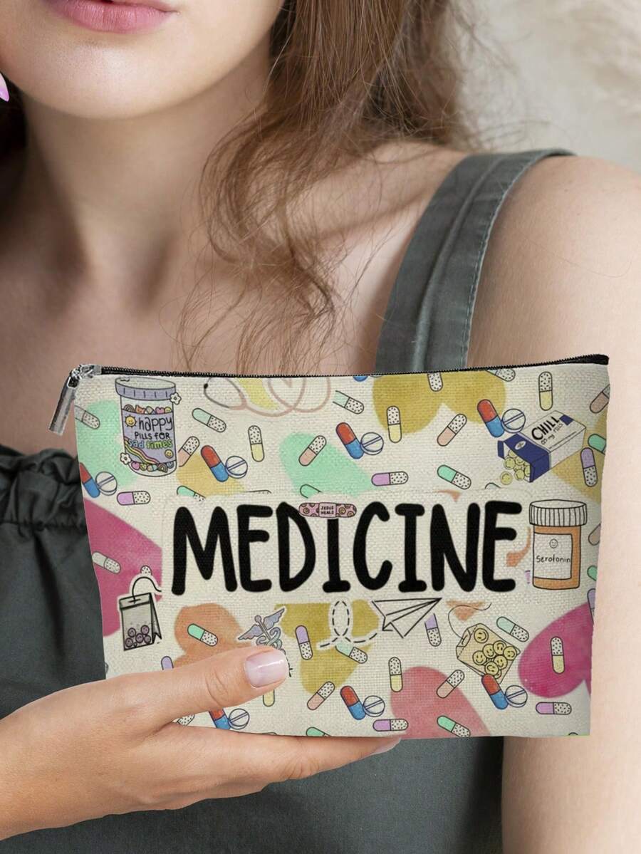 1Pc Makeup Bag Chic Paris Theme Fun Travel Gift Cute Inspirational Quote Decoration Medical Assistant Pill Pattern Makeup Storage Bag Large Capacity Lightweight Multipurpose And Durable Foldable With Zipper Closure Multifunctional Coin Purse For Daily Use And Travel Small And Exquisite Gift - Multicolor - View 1