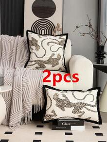 1 件/2 件豹纹抱枕套，雪尼尔提花面料，滚边，现代北欧动物图案，适合客厅、卧室、沙发、花园派对，四季皆宜，无枕芯，12 英寸 X 20 英寸，18 英寸 X 18 英寸 - 黑與白 - 查看 10