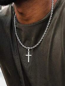 1pc Stainless Steel Cross Pendant & Twisted Chain Necklace For Men - Silver - View 1