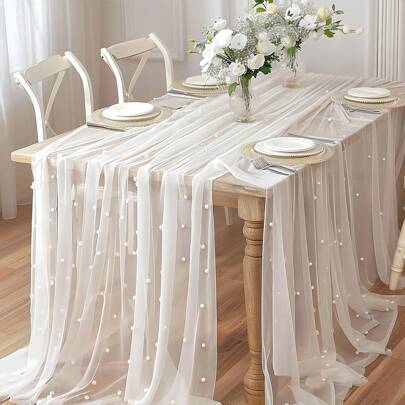 5.25ft X 10ft White Pearl Tulle Table Runner 1 Piece ,Beaded Lace Fabric With Pearls For Wedding Arch, Party Backdrop, Table Decor, Table Centerpiece Gifts Birthday Graduation Birthday Decorations Party Decorations Bachelorette Summer Beach Back To School School Supplies Room Decor