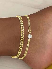 17KM 2pcs Heart Rhinestone Stainless Steel Chain Anklet Set, Simple Women Gift For Date, Vacation, Daily Wear