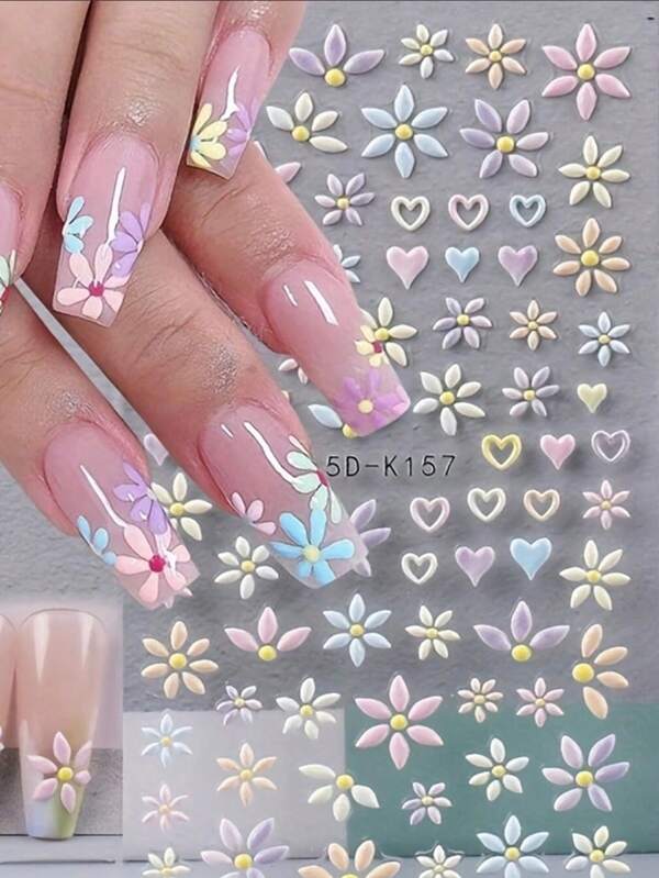 1pc 5D Embossed Flower & Heart Shape Nail Sticker