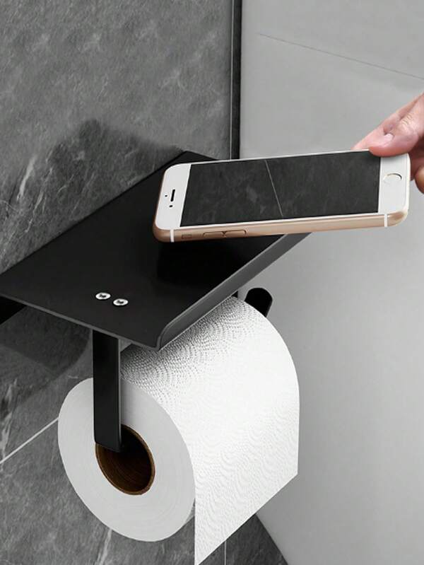 1pc Space Aluminum Wall-Mounted Tissue Paper Holder, Bathroom No-Drill Wall Mounted Toilet Paper Rack, Phone Holder Organizer Shelf Bathroom Decor Fall Decor