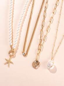 4 Pcs Set Minimalist & Elegant Starfish & Shell Beaded Chain Necklaces, Suitable For Travel, Vacation, Summer Beach