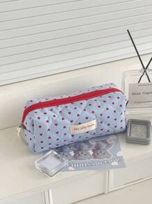Bolsa de cosméticos con cremallera de tela suave con forma de corazón de color azul en polvo, bolsa de almacenamiento dulce para maquillaje, artículos de tocador, hogar, viaje, mujer