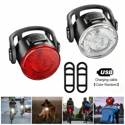 1 Set Rechargeable Bicycle Front White Light & Rear Red Safety Warning LED Light