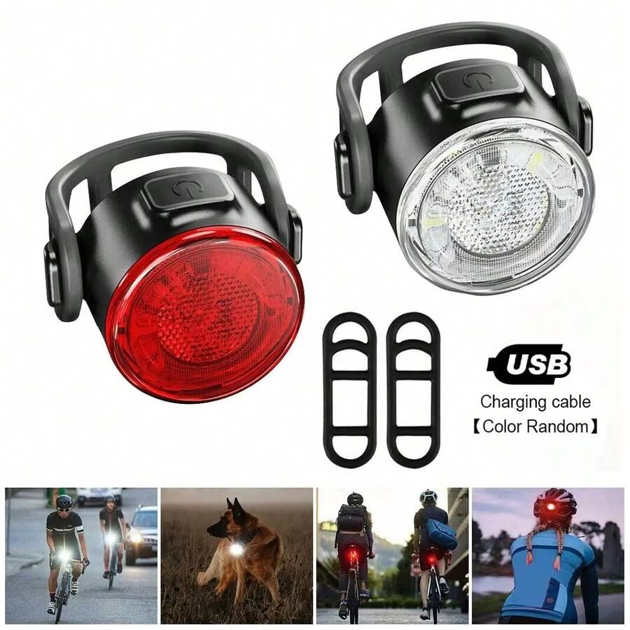1 Set Rechargeable Bicycle Front White Light & Rear Red Safety Warning LED Light