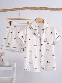 2pcs/Set Print Women Pajama Set, Lightweight Bubble Crepe Short Sleeve Collared Cardigan Top And Loose Shorts, Casual Sleepwear And Loungewear Set, Suitable For All Seasons