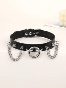 1pc Women's Double Chain Heart Pendant, Pin Buckle Double Ring Choker, Round Ring + Chain Spike, Chain Heart Pendant, Chain Cross Pendant, Large Round Ring Pendant, Double Chain Round Ring Pendant, Pin Buckle Double Ring Choker, Boho Fashion Punk Adjustable Collar Choker