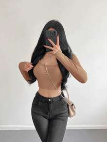 Women's Long Sleeve T-Shirt Ribbed Fabric S M L - Khaki - View 3
