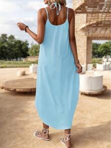Vestido Midi Holgado de Escote en V con Tirantes - Neblina azul - Ver 2