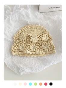 1pc Women's Handmade Hollow Knitted Beret Cap, Spring New Vintage Small Head Size Versatile Turban Head Wrap, Solid Color 3D Floral Boho Headwear, Sun Protection Breathable Openwork Hat