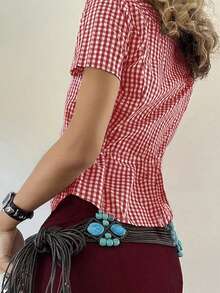 Sunny Girly Spring Valentine's Day Women's Wear Y2K Back To School Season Cotton Fitted Lapel Short Sleeve Shirt With Buttons, Red Checkered College Style Top - Burgundy - View 7