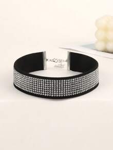 1pc Women's Rhinestone Choker Necklace Set, Includes Hanging Ring Pendant, Large Bell Pendant, Rectangular Pendant, Double Ring Pendant, Small Bell Pendant, Large Round Double Ring Pendant, Bohemian Fashion Punk Adjustable Collar Necklace - Black - View 4