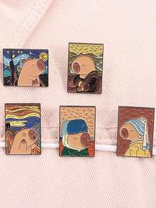 5Pcs Creative Capybara Van Gogh Oil Painting Enamel Pins Backpack Clothes Lapel Badge Cartoon Animal Accessories Gift For Friends