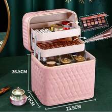 Makeup And Nail Storage Box - Multi-Layer Drawer-Style Cosmetic Organizer, Portable Makeup And Nail Bag, Luxurious Quilted Design, Perfect For Storing Cosmetics And Skincare Products - Pink - View 3