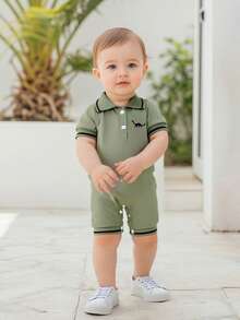 Short Sleeve Romper Dinosaur Half Button-Up Collared Bodysuit Cute Summer Clothes - 綠色 - 查看 2