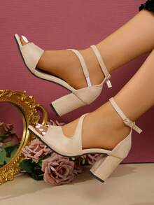 女士高跟凉鞋，新款露趾粗跟优雅休闲高跟鞋，海滩度假 - 杏色 - 查看 4