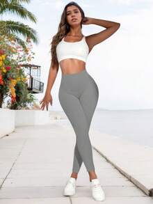 舒适高腰紧身裤，纯色压缩运动休闲瑜伽裤，女士运动紧身裤