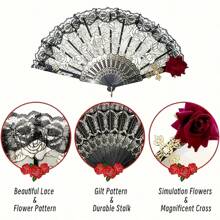 Abanico plegable vintage de rosas de estilo flamenco español - Elegante abanico de mano negro para damas, adecuado para fiestas y bodas, perfecto para decoración de habitaciones