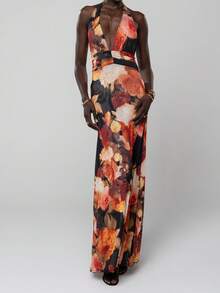 Womens Boho Floral Print Halter Maxi Bodycon Dress Summer Sexy Backless Flowy Long Dresses Beach Vacation Sundress - 彩色 - 查看 1