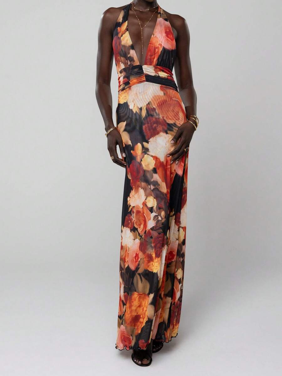 Womens Boho Floral Print Halter Maxi Bodycon Dress Summer Sexy Backless Flowy Long Dresses Beach Vacation Sundress - 彩色 - 查看 1