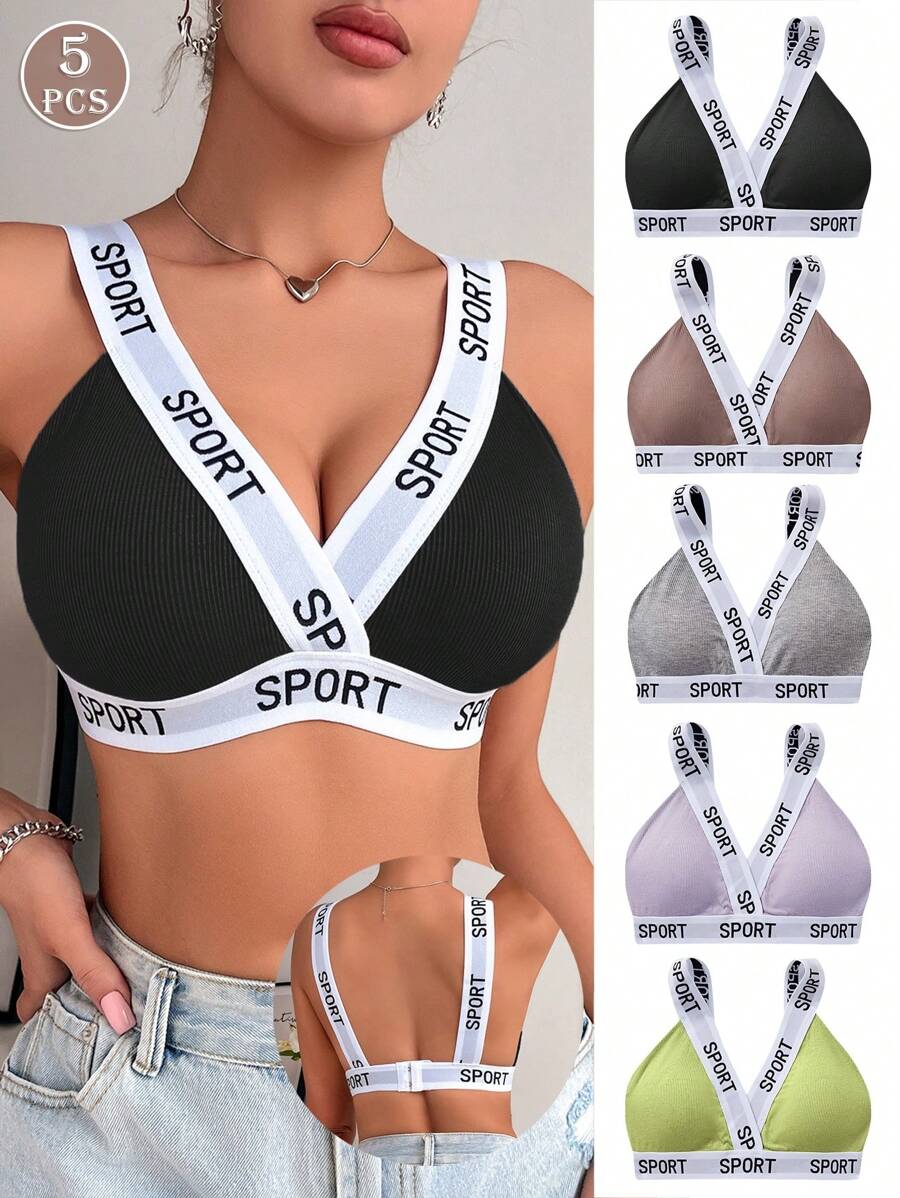 Set de 5 sujetadores deportivos de apoyo medio, con letras estampadas, de tela de costilla, cómodos y de moda casual para mujeres