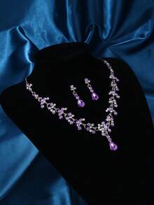 4pcs Elegant Rhinestone & Rhinestone Crystal Queen Crowns With Necklace Set For Wedding, Prom, Party, Baroque Style Royal Tiaras - Purple - View 6