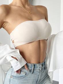 1pc Women's Wireless Side Buckle Sexy Backless Lace Bra, Breathable & Comfortable Without Padding - Apricot - View 7