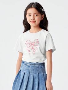 Balabala Tween Girl T-Shirt Tween Girl Short Sleeve 2024 Summer Sweet Print Top - White - View 3