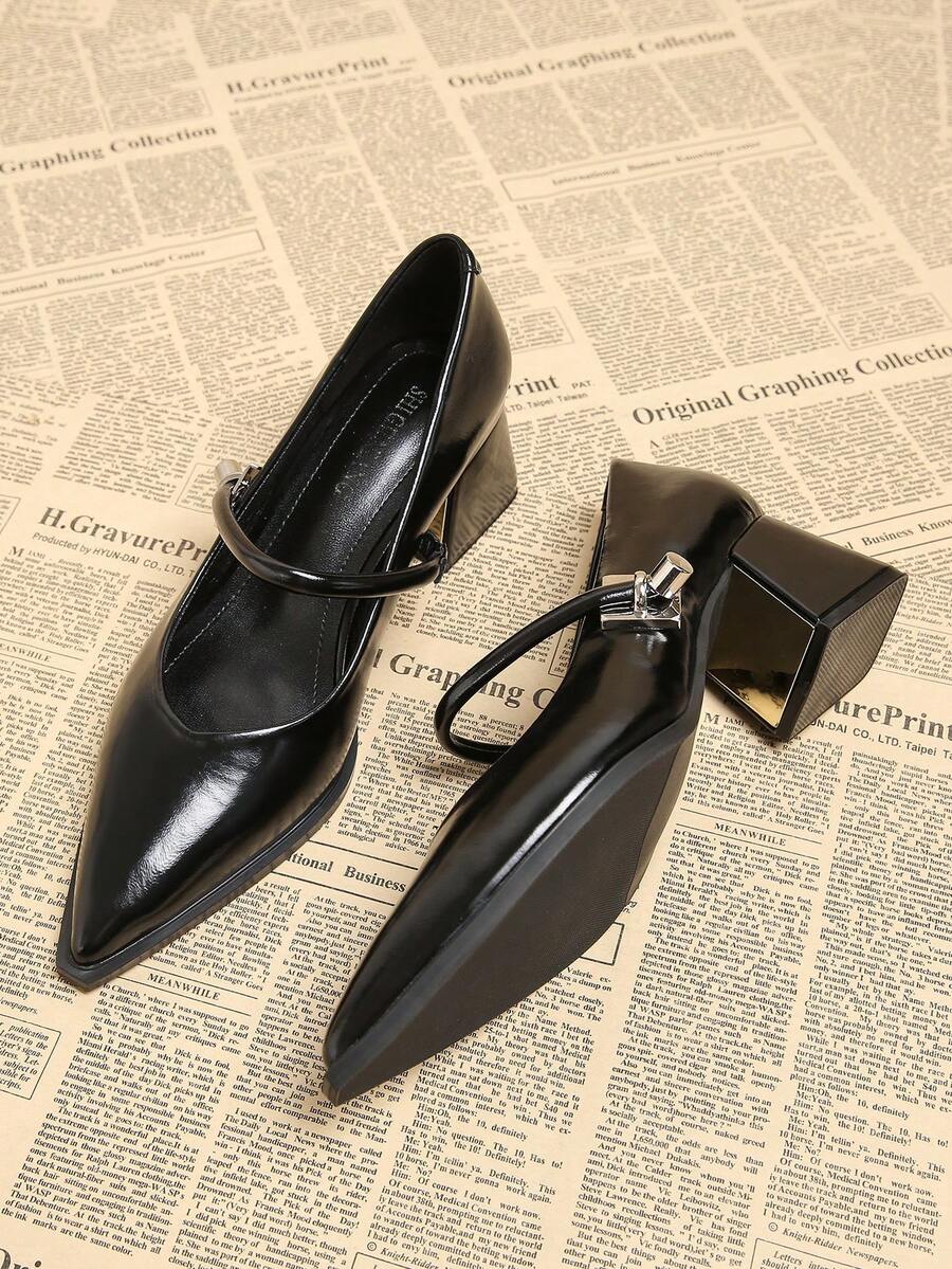 2026夏季新款女士时尚办公休闲派对简约百搭高跟鞋，纯黑色、米色，尖头，粗跟，金属搭扣装饰，优雅高品质乐福鞋 6001-2 - 黑色 - 查看 1