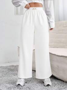 Pantalón holgado para dama, tela tipo plisado, cintura elástica, hermosa hebilla metálica con piedras, imitación diamanté en pretina, ligero, fresco, suave, fiesta, casual, oficina, primavera-verano. - Blanco - Ver 1