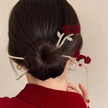 1 Peça Presilha de Cabelo com Flor de Camélia Vermelha, Suporte Elegante para Coque, Acessório de Cabeça Estilo Chinês Hanfu com Borla, Pente de Cabelo para Outono/Inverno, Pente Lateral, Material Escolar