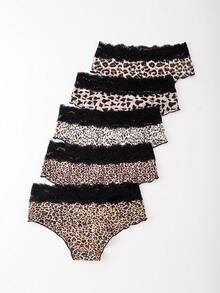 5pcs Black Lace Waistband Sexy Leopard Print Cool Silky Women's Low-Waist Bikini Briefs - Multicolor - View 2