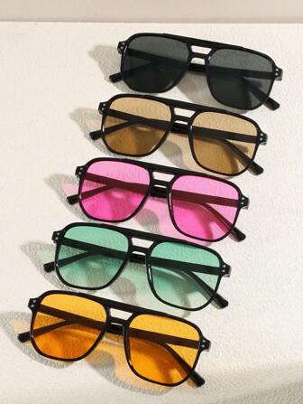 5pcs Women's Square Multicolor Rivet Dual Bridge Fashion Eyeglasses, Suitable For Going Out And Rallying For Summer Beach Vacation,Outdoor,Travel