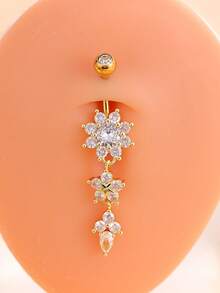 1pc Women's Fashionable Navel Piercing Ring, Sexy Belly Button Ring With Rhinestone Decor - Yellow Gold - View 3