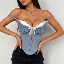 Sexy See-Through Mesh Lace Patchwork Chest Cotton Hot Girl Fishbone Strap High-End Inner Top K0584 - màu đen - Xem 9