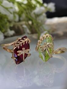 1枚优雅蜻蜓造型橄榄绿和玫瑰红宝石铜合金金戒指 - 款式3 - 查看 9