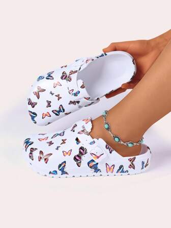 Women's Fashion Butterfly Print Hole Shoes EVA Clogs Summer Anti-Slip Work Shoes Lightweight Flat Soft Sole Adjustable Buckle Toe Shoes Suitable For Beach Garden Autumn