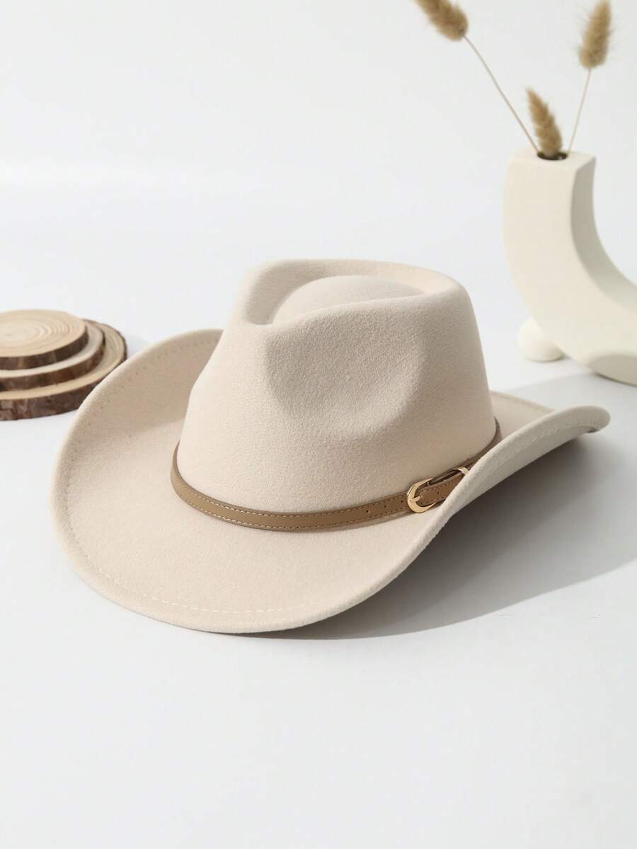 1pc Unisex Belt Decor Boho Cowgirl Hat Cowboy Hat Wide Brim Handmade Fedora Hat Jazz Panama Hat Soft Felt Hat Western Suitable For Daily Use - 米色 - 查看 1
