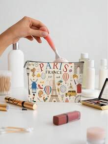 1 Stück Make-up Tasche mit Paris Thema, charmantes Reisegeschenk, süße inspirierende Zitat Dekoration, Muster mit medizinischen Hilfsmitteln und Pillen, große Kapazität, leicht, vielseitig und langanhaltend, faltbar mit Reißverschluss, multifunktionale Münztasche für den täglichen Gebrauch und Reisen, kleines und exquisites Geschenk - Verschiedenfarbig - Übersicht 3